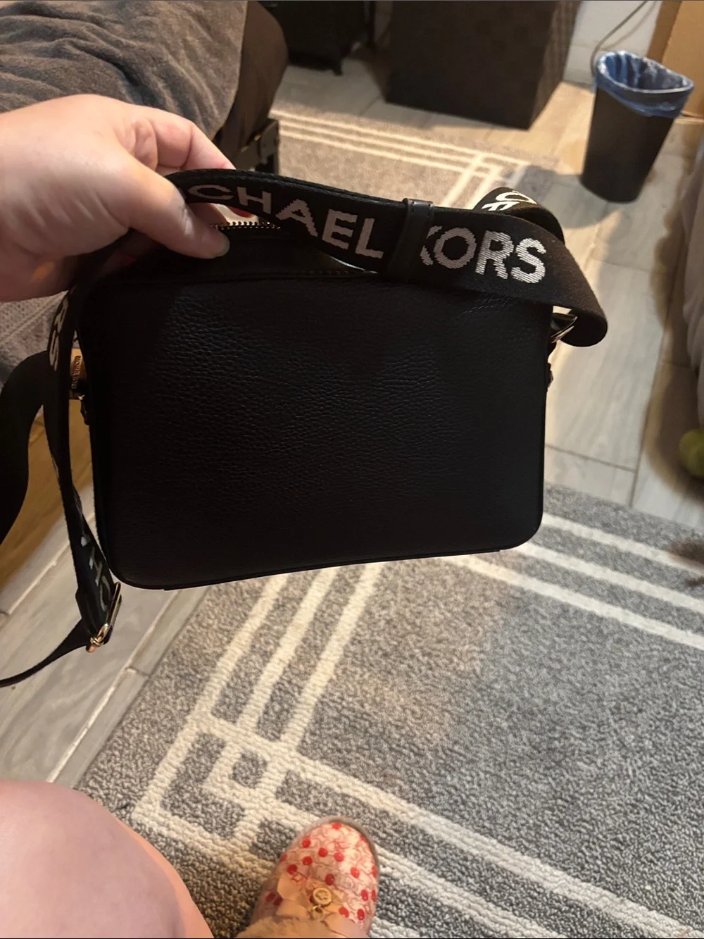 Michael Kors Black Leather Messenger Bag with Branded Strap